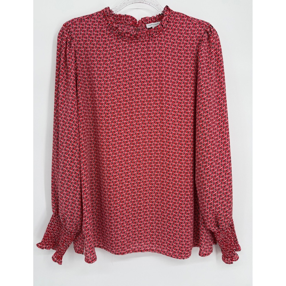 Carolina Belle Montreal Red Geometric Ruffle Mock Neck Smocked Cuff Blouse Sz XL